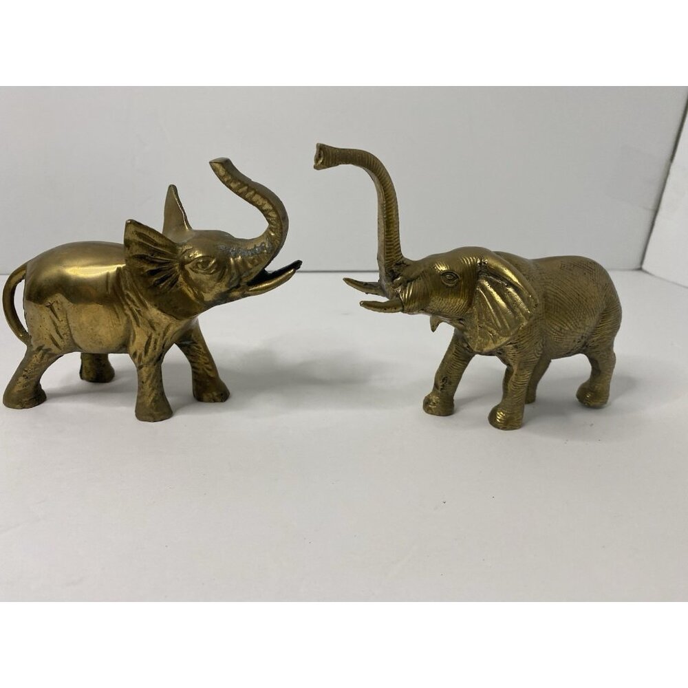 Solid Brass Elephant Figurine Raised Trunk Good Luck Lot Of 2 Decorative Accent‎